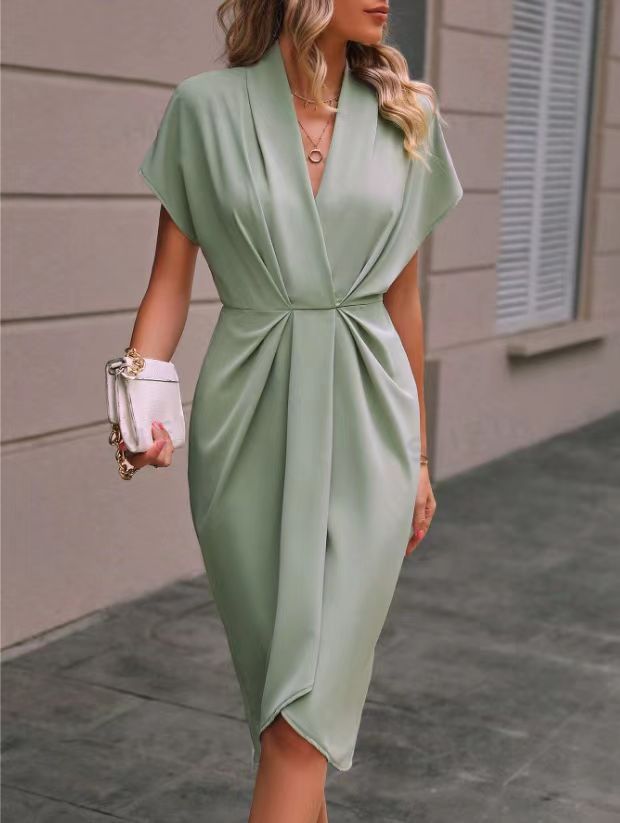 Summer Batwing Sleeve V-Neck Pleated Midi Dress for Women