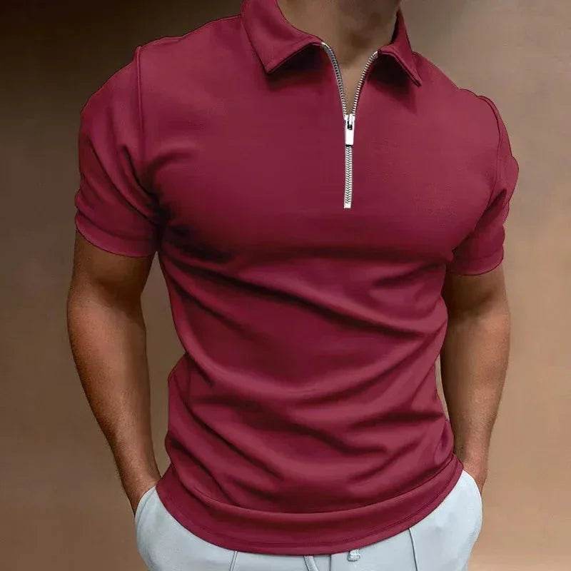 Men’s burgundy zip polo shirt, short sleeves, trendy fashion at ZA-Zola UK
