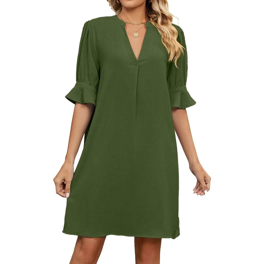 V-Neck Pleated Ice Silk Summer Dress for Women - ZA-Zola