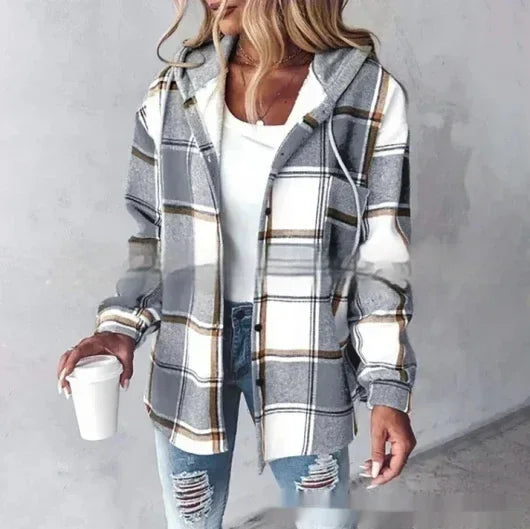 Plaid Hooded Jacket Women Button Pocket Coat - ZA-Zola