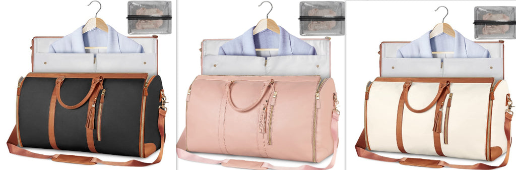 Three different colored bags with hangers on a white background