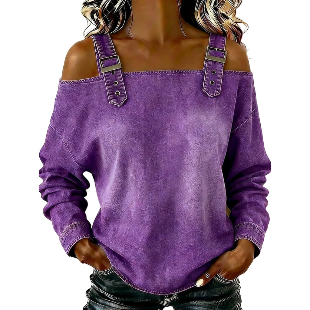 Purple off-shoulder top with denim details on a white background