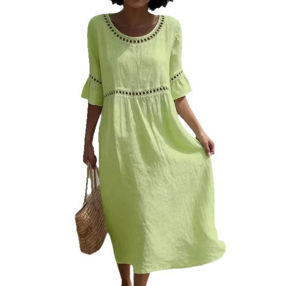 Elegant Casual Crew Neck Three Quarter Sleeve Solid Color Dress for Women