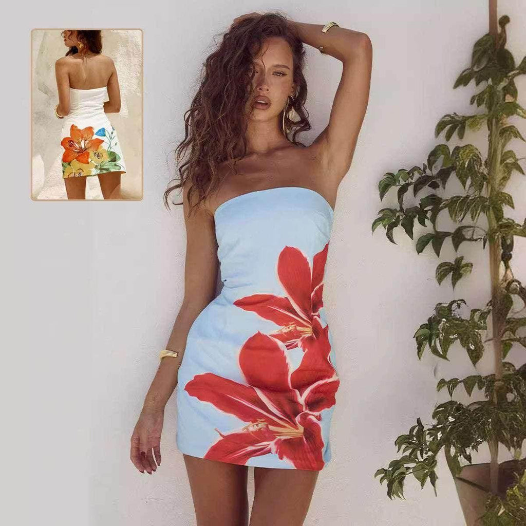 Women’s Tube Top Floral Print Slim Sheath Short Dress – Backless Mini - ZA-Zola