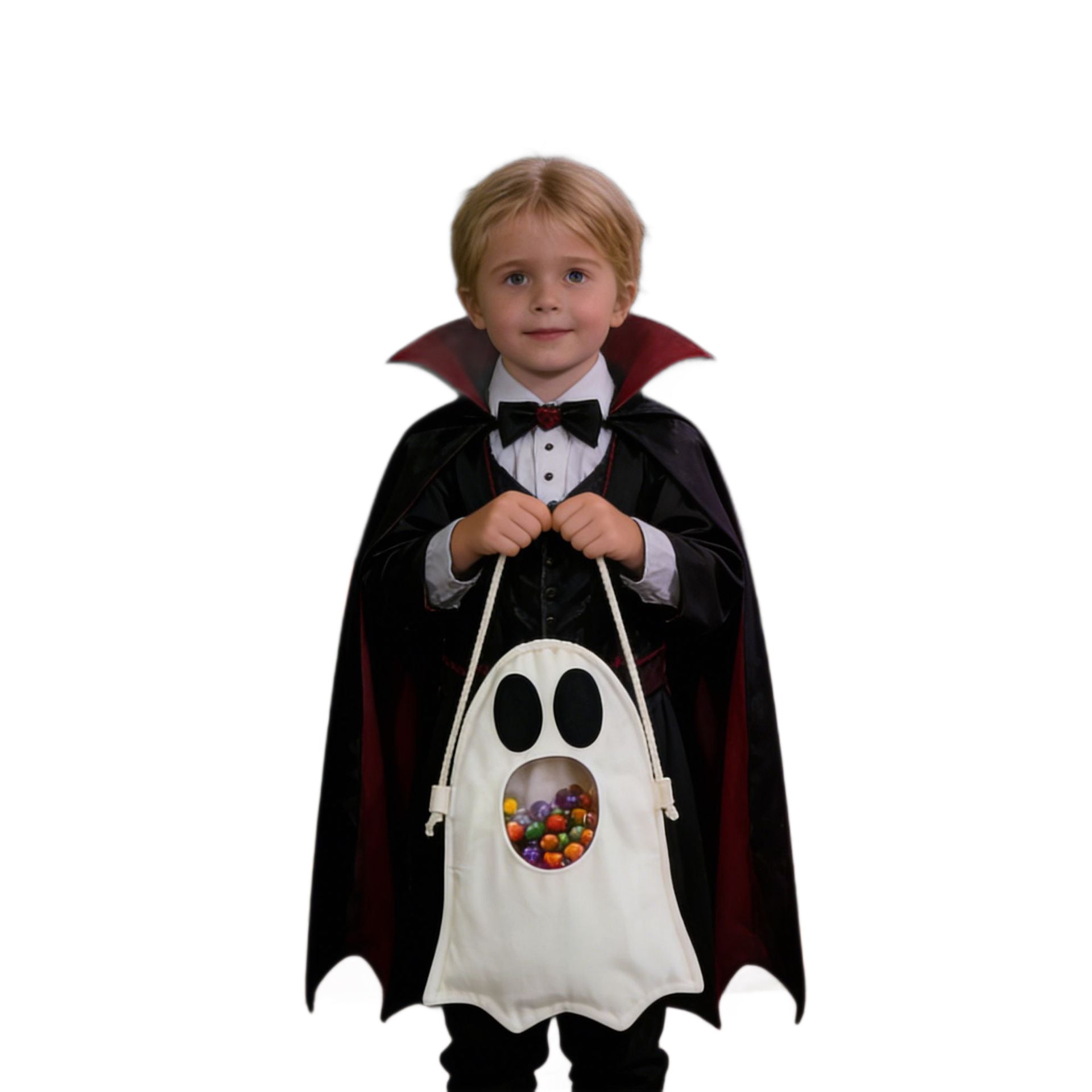 A young child wearing a vampire costume holds a white ghost-shaped candy bag with a clear mouth area filled with colorful candies, against a plain white background.