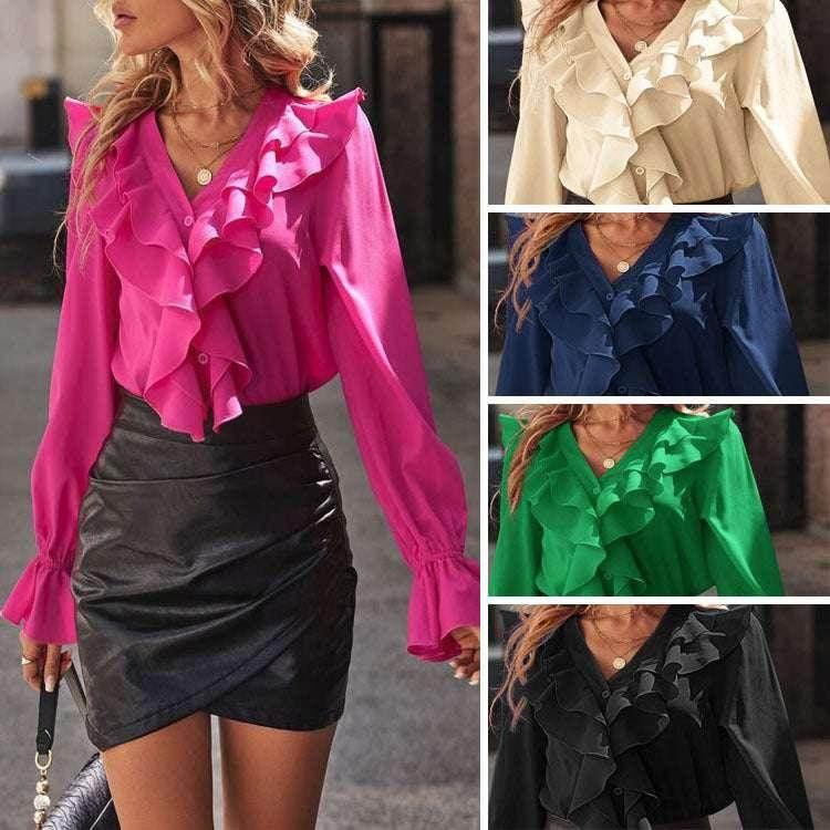 V-neck Flounce Long Sleeve Shirt for Women - ZA-Zola