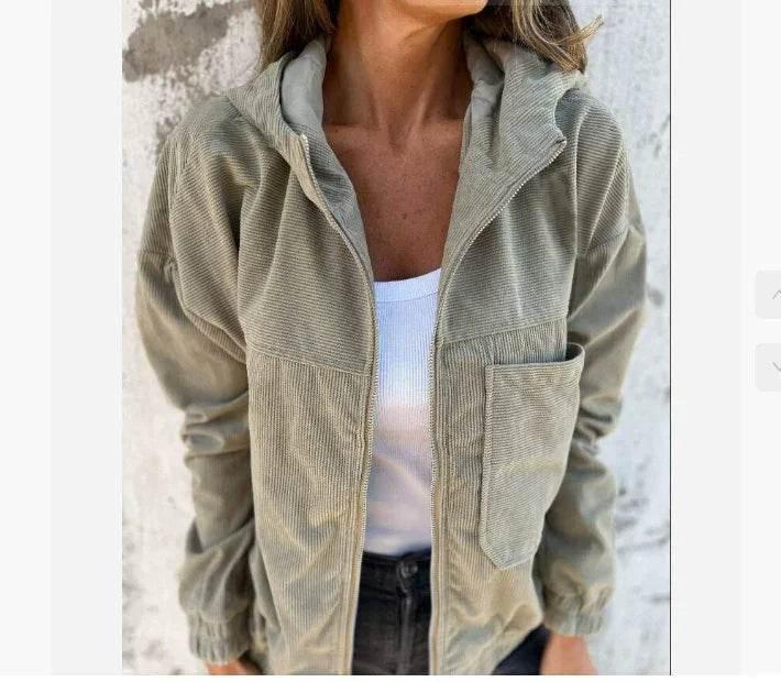 Women's Corduroy Hooded Zip-Up Jacket - ZA-Zola