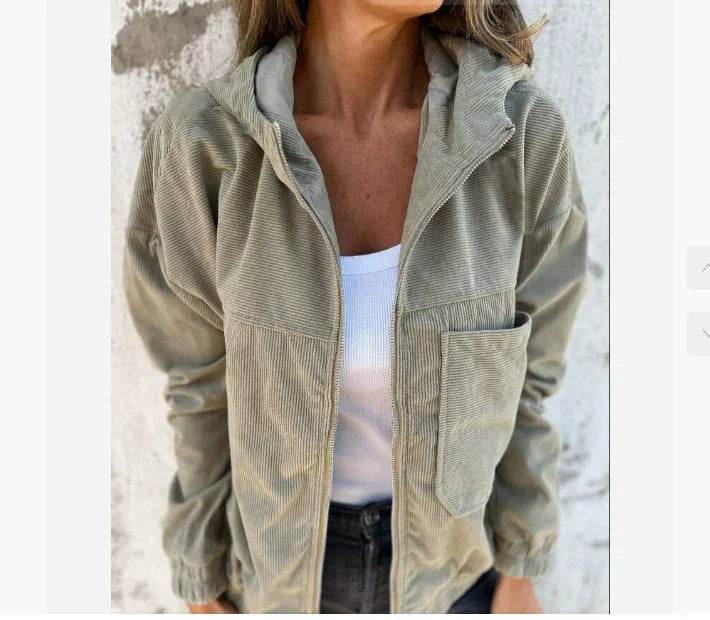Women's Corduroy Hooded Zip-Up Jacket - ZA-Zola