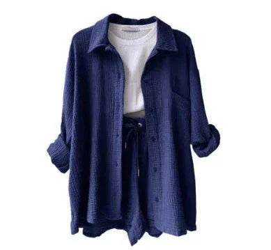 Navy blue textured shirt and shorts set with white top, trendy ZA-Zola UK fashion apparel