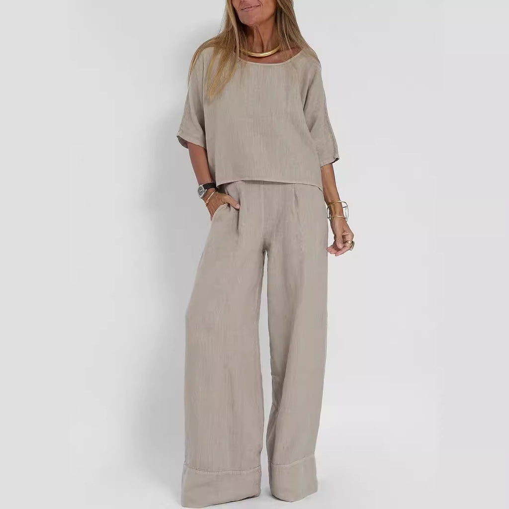 Cotton Linen Casual Pants Suit | Wide Leg