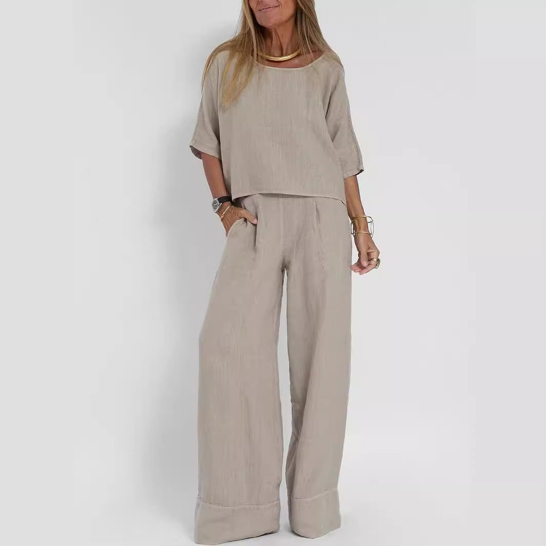 Cotton Linen Casual Pants Suit | Wide Leg