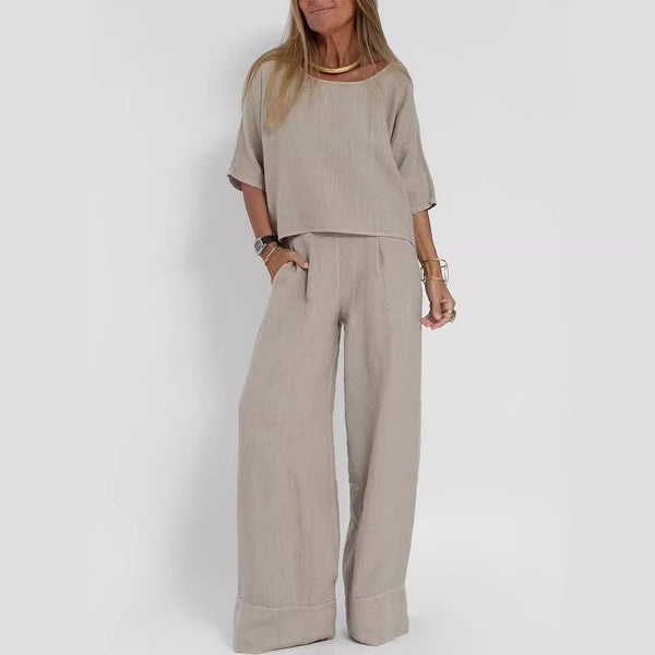 Cotton Linen Casual Pants Suit | Wide Leg