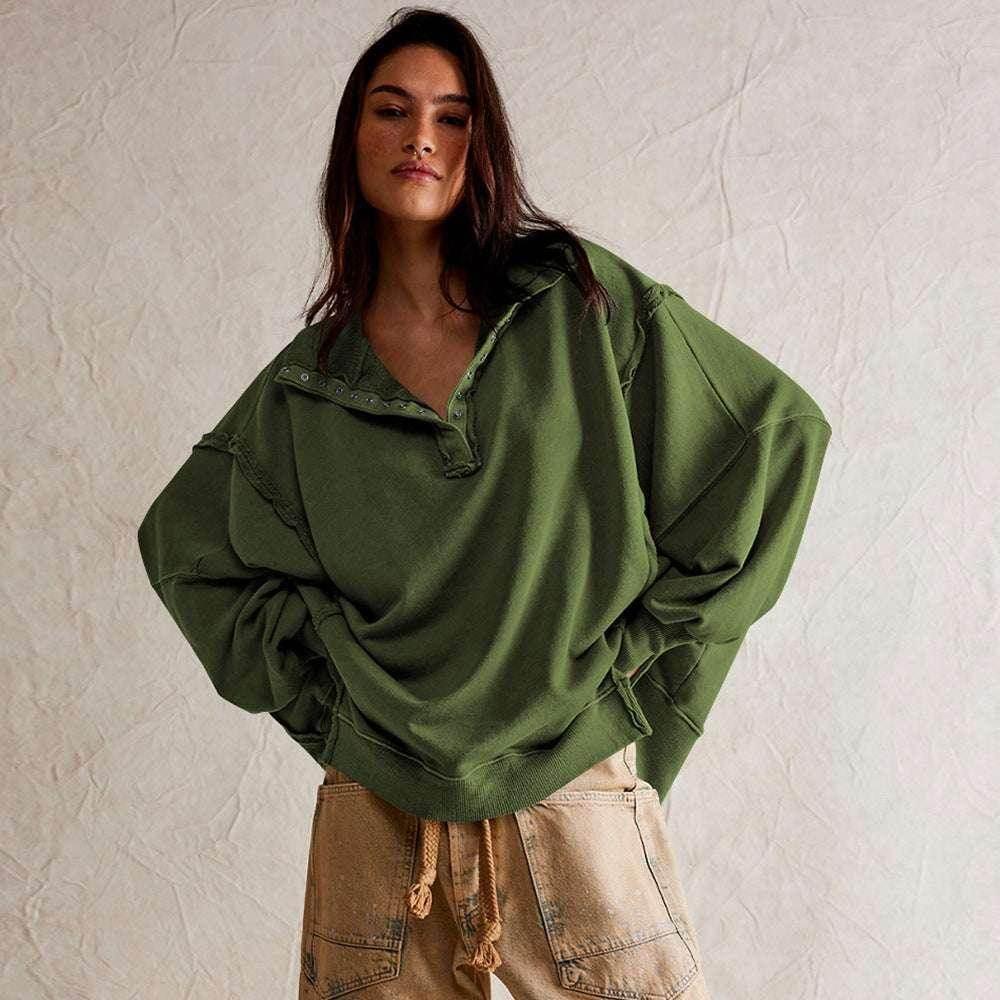 Lapel Button Slit Sweatshirt – Sporty & Stylish - ZA-Zola