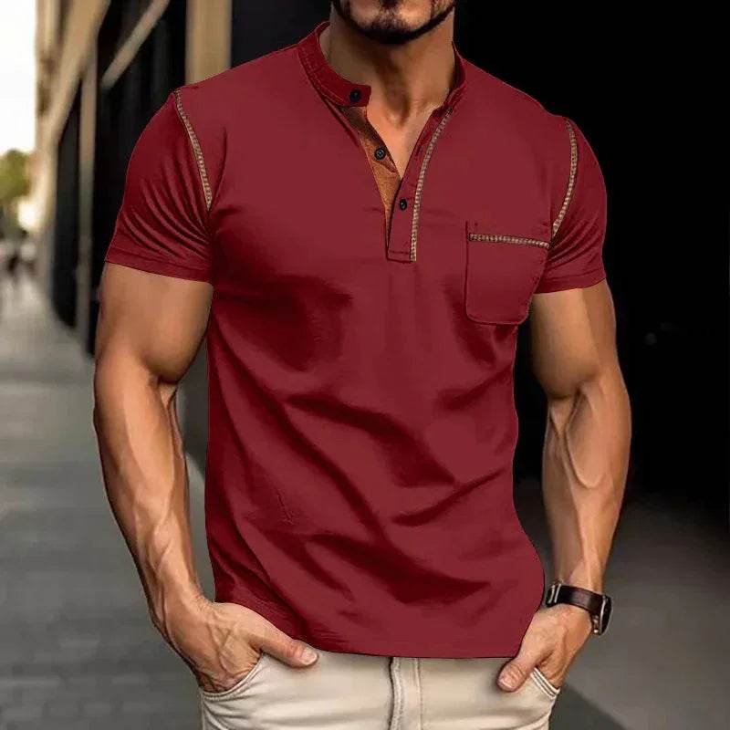 ZA-Zola men's burgundy short sleeve henley shirt with chest pocket, trendy UK fashion
