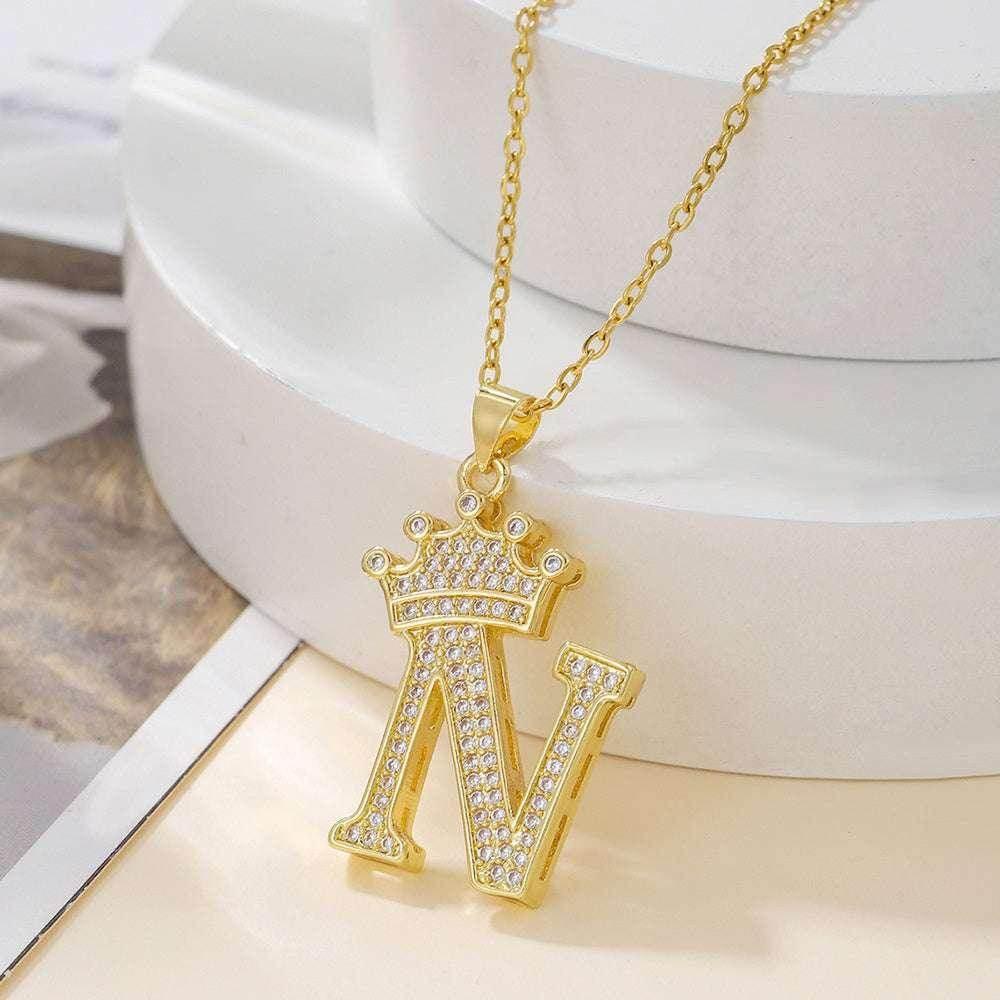 Gold Crown Initial Pendant Necklace for Daily Wear - ZA-Zola