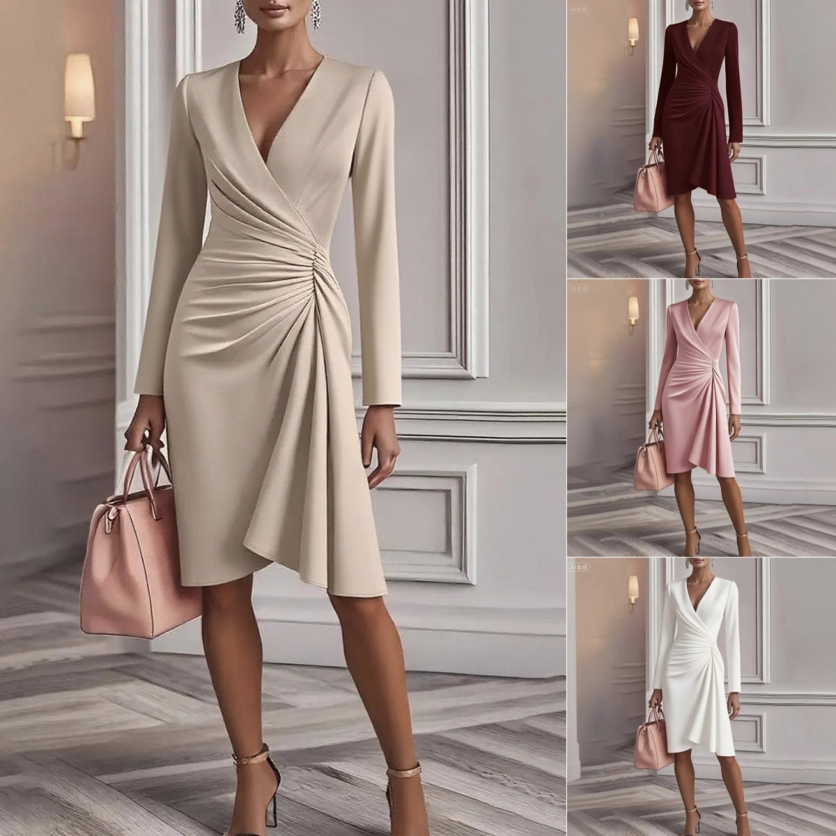Woman in a beige wrap dress holding a pink handbag in an elegant interior setting.