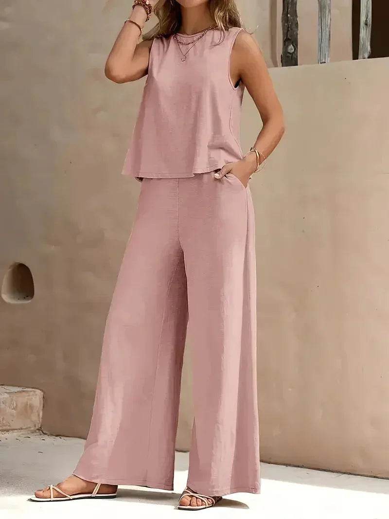 Woman in a sleeveless pink wide-leg pants set, ZA-Zola trendy summer fashion style