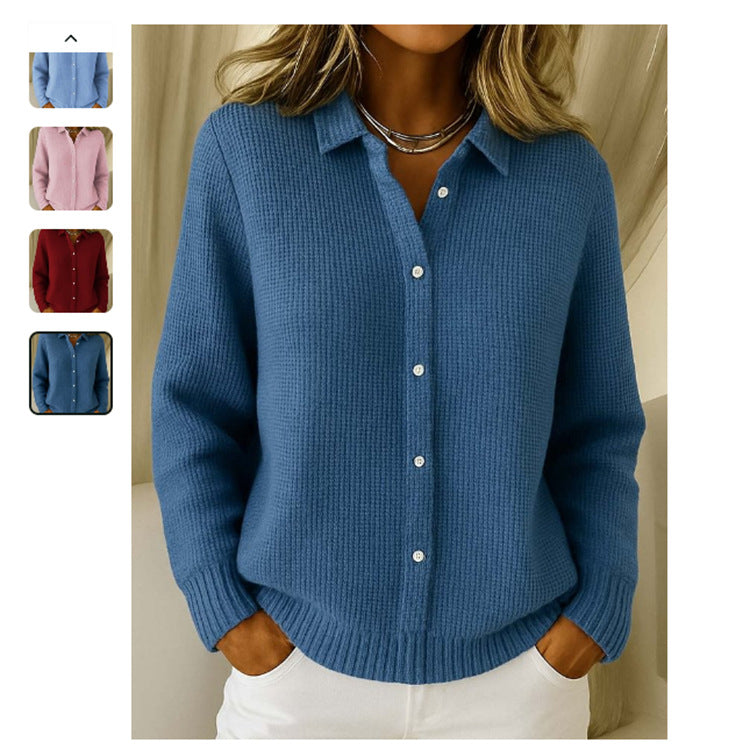 Blue button-up sweater worn by a person with color swatches of other sweaters in the corner.