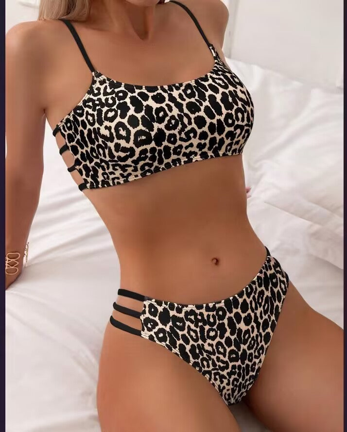 Leopard print bikini set on a white background