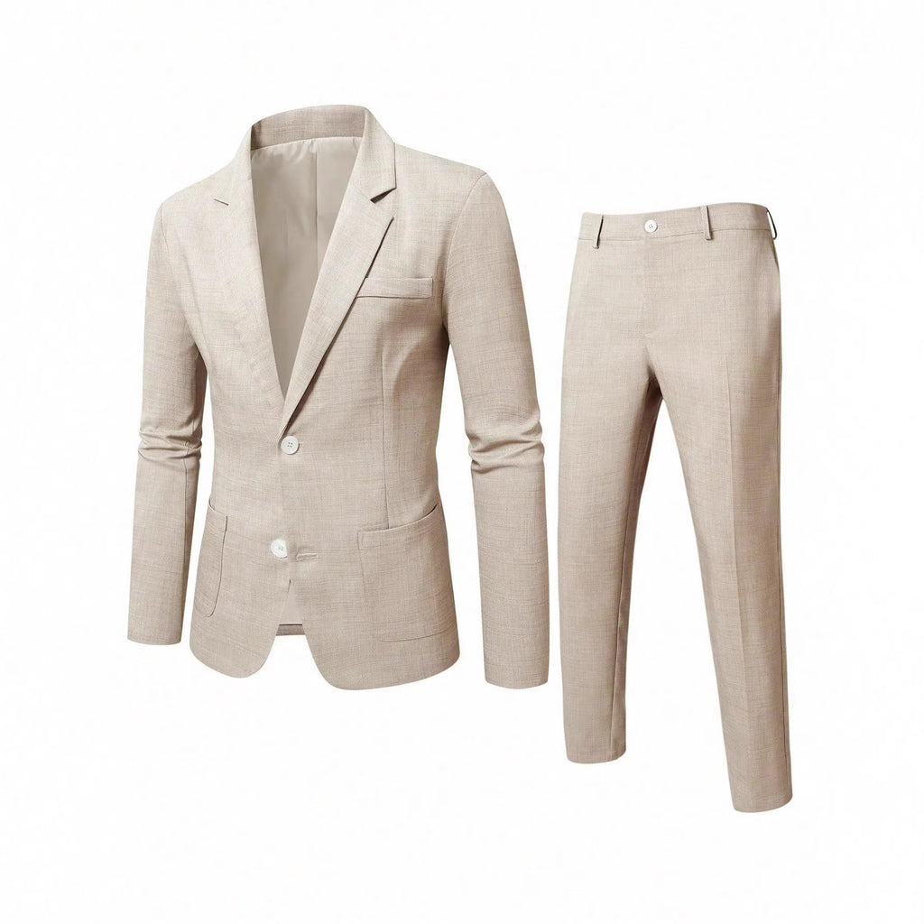 Beige suit jacket and pants on a white background