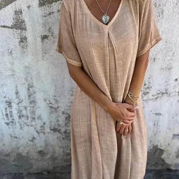 Cotton Linen V-Neck Semi-Formal Midi Dress - ZA-Zola