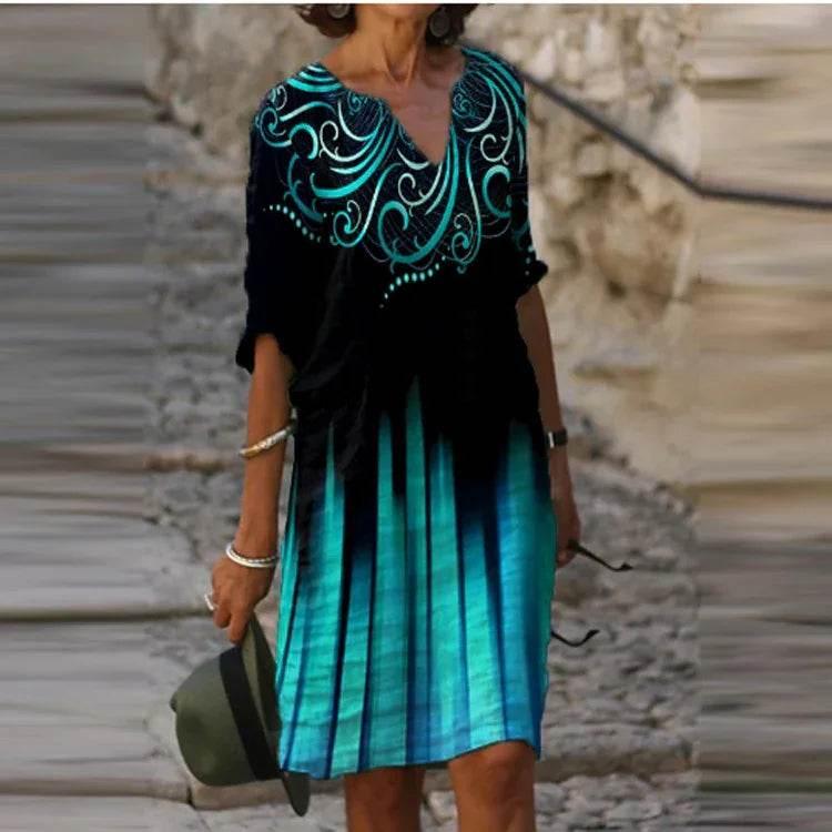 Retro Floral V-Neck Dress – Loose & Breezy Style - ZA-Zola