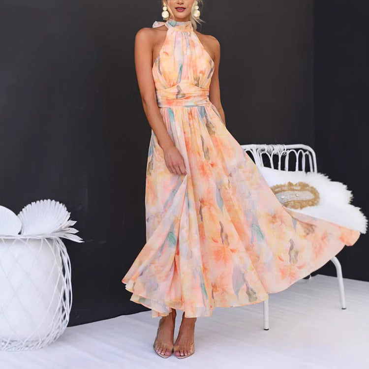 Woman wearing a floral dress with a black background