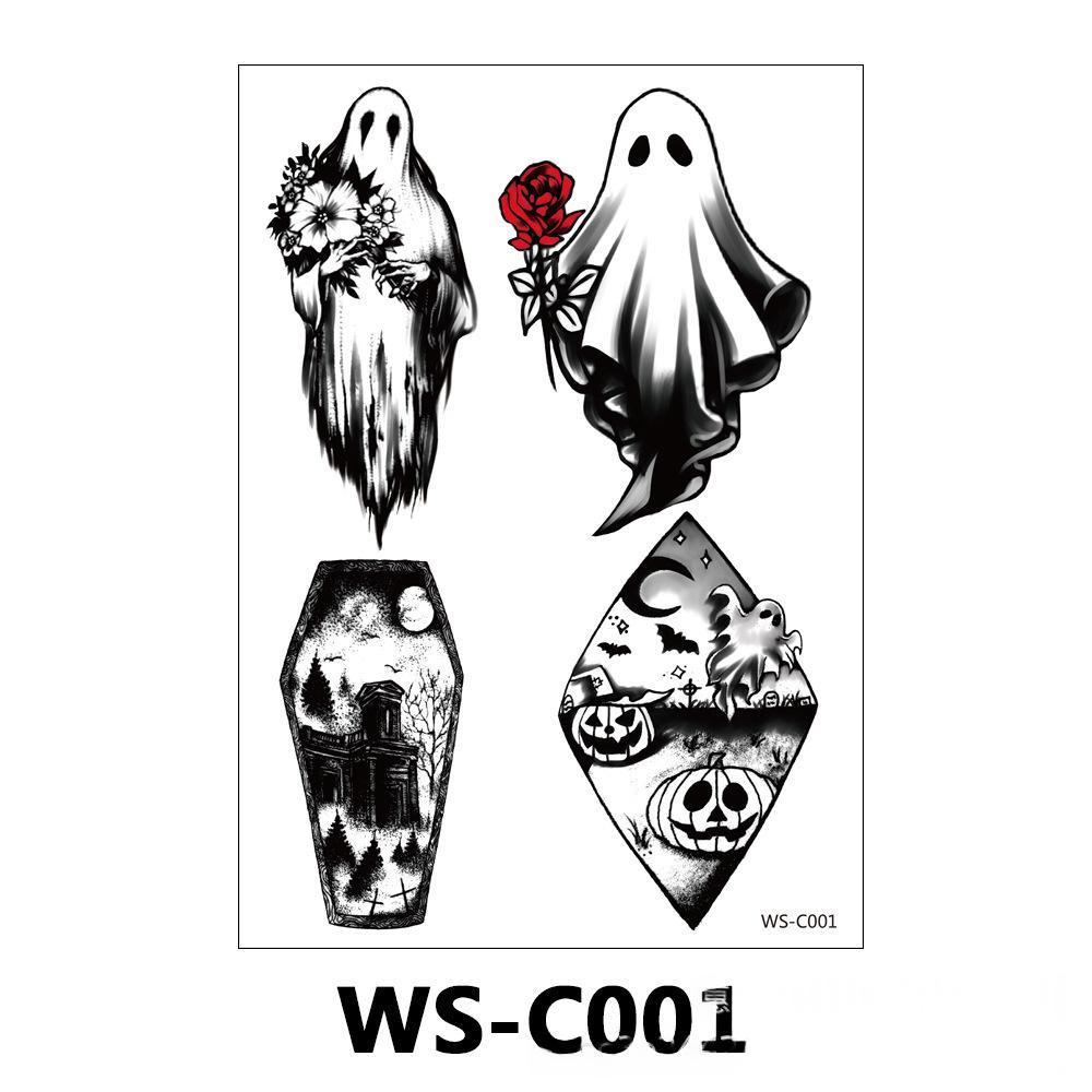 A product sheet showing four Halloween-themed temporary tattoo designs on a white background, labeled WS-C001. The designs include two ghost tattoos with black and red details, a coffin-shaped black-and-white graveyard tattoo, and a diamond-shaped pumpkin-and-cats tattoo.