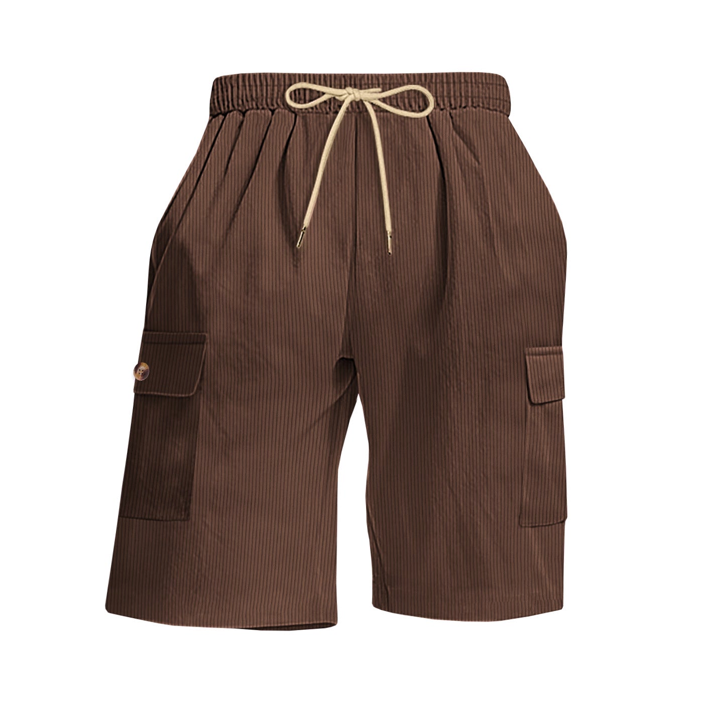 Brown shorts with a drawstring on a white background