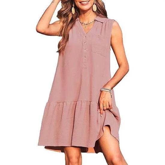 Chic V-Neck Buttoned Sleeveless Dress – Casual & Stylish - ZA-Zola