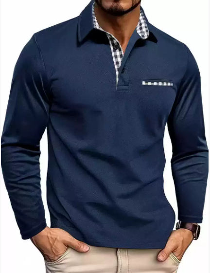 Men’s Plaid Splicing Polo Shirt – Casual Long Sleeve Lapel Top