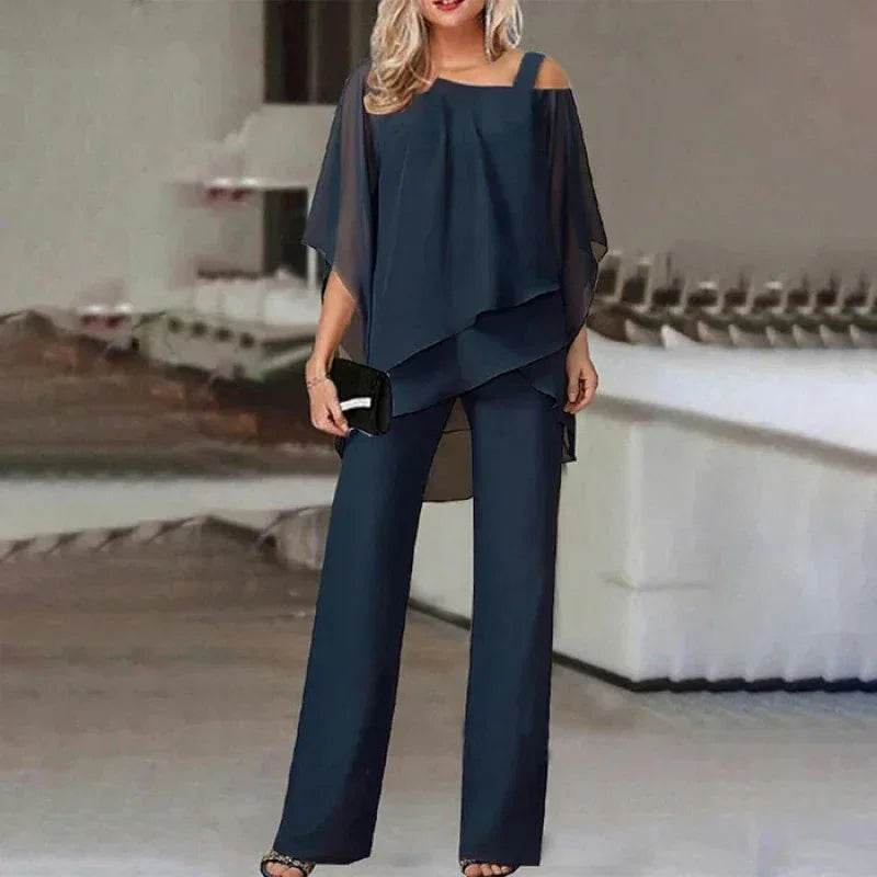 Woman wearing elegant navy blue two-piece pants set, trendy fashion from ZA-Zola UK