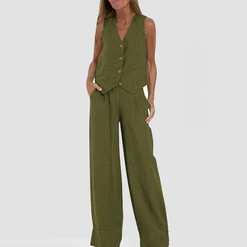 Woman wearing olive green sleeveless vest and wide-leg pants, ZA-Zola fashion style