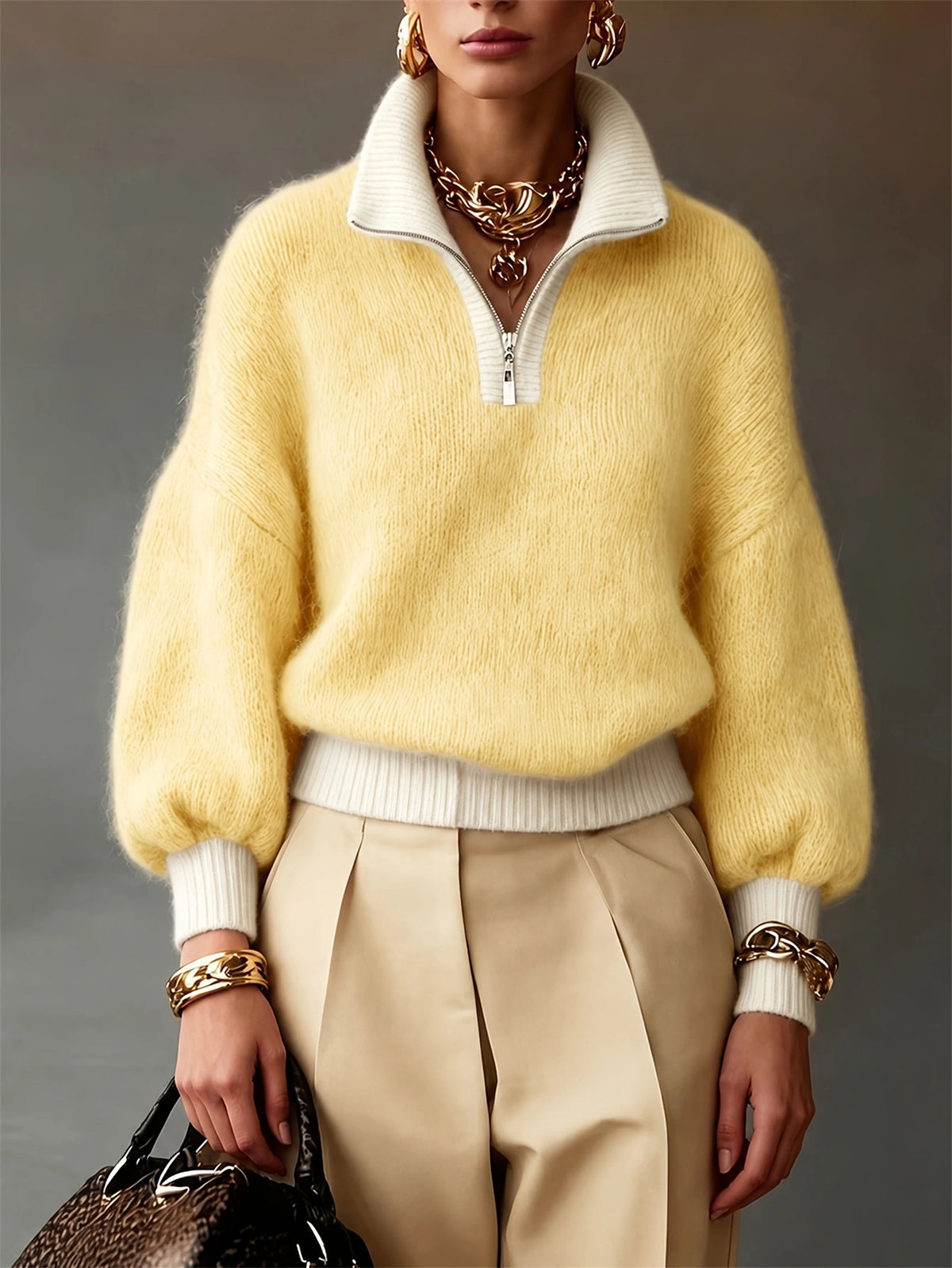 A model wears a fuzzy pale yellow quarter-zip sweater with a cream ribbed collar, hem, and cuffs, paired with beige pleated trousers and gold jewelry against a neutral gray background.