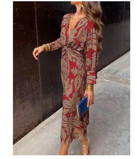 V-Neck Geometric Print Long Dress with Sleeves - ZA-Zola