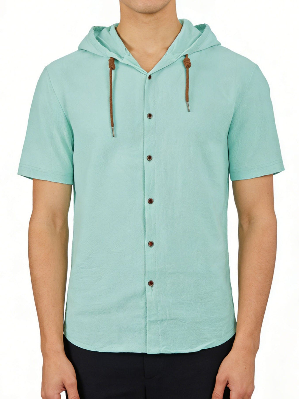 Light blue short-sleeve hoodie with brown buttons and drawstrings on a white background