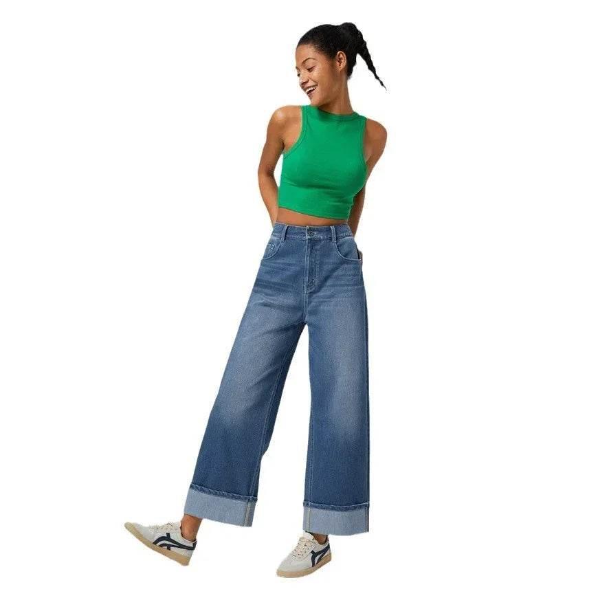 High-Waisted Straight Jeans with Cuffed Hem - ZA-Zola