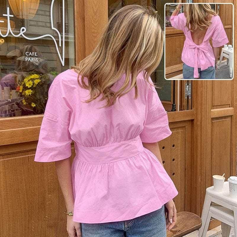 Backless Tied Bat Sleeve Summer T-Shirt - ZA-Zola
