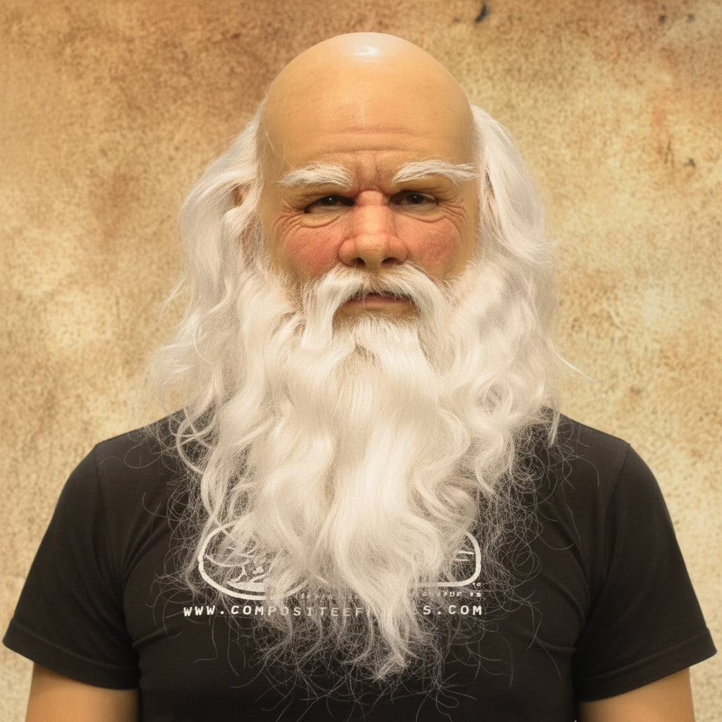 Person with a long white beard and a textured brown background
