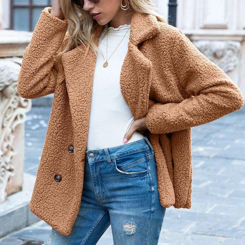 Fluffy Winter Coat for Women | Loose Lapel Button Jacket - ZA-Zola