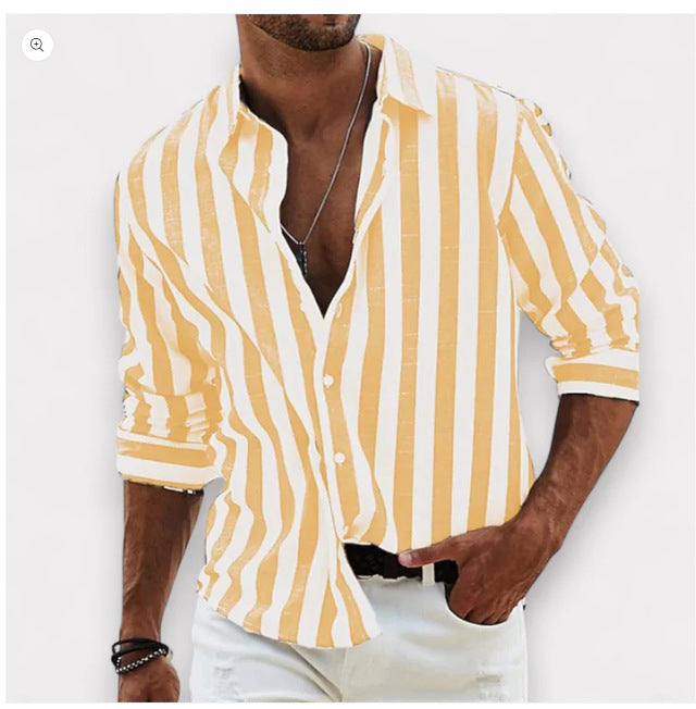 Man wearing a yellow and white striped shirt on a white background
