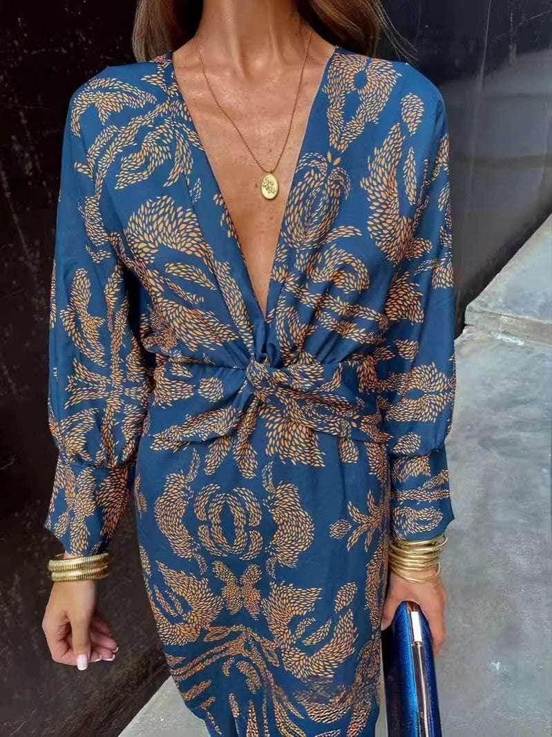 V-Neck Geometric Print Long Dress with Sleeves - ZA-Zola