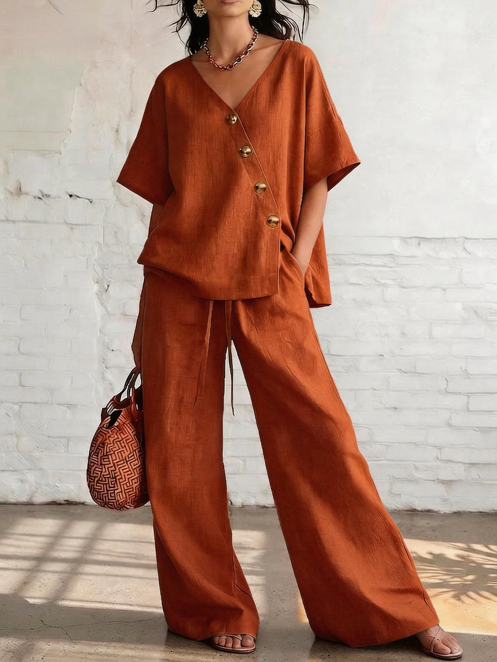 Woman wearing a rust-colored outfit with wide-leg pants and a top, holding a matching bag against a white brick wall.