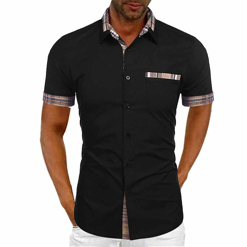 Black short-sleeve shirt with plaid accents on a white background
