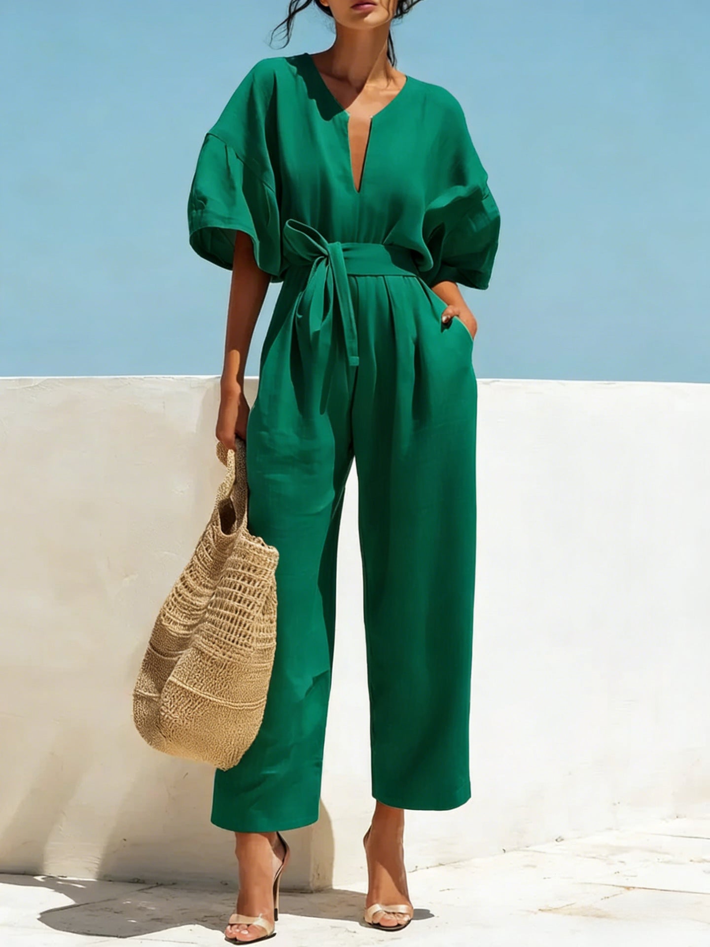 Fashionable V-Neck Cotton Linen Jumpsuit for Women – Solid Color Wide Leg