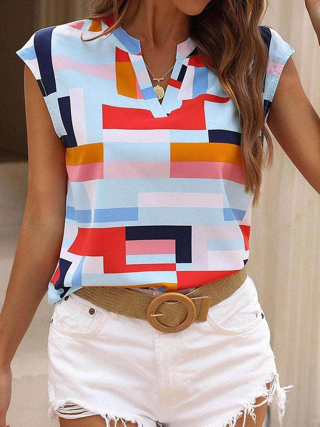 Digital Print V-Neck Doll Sleeve Top for Women - ZA-Zola