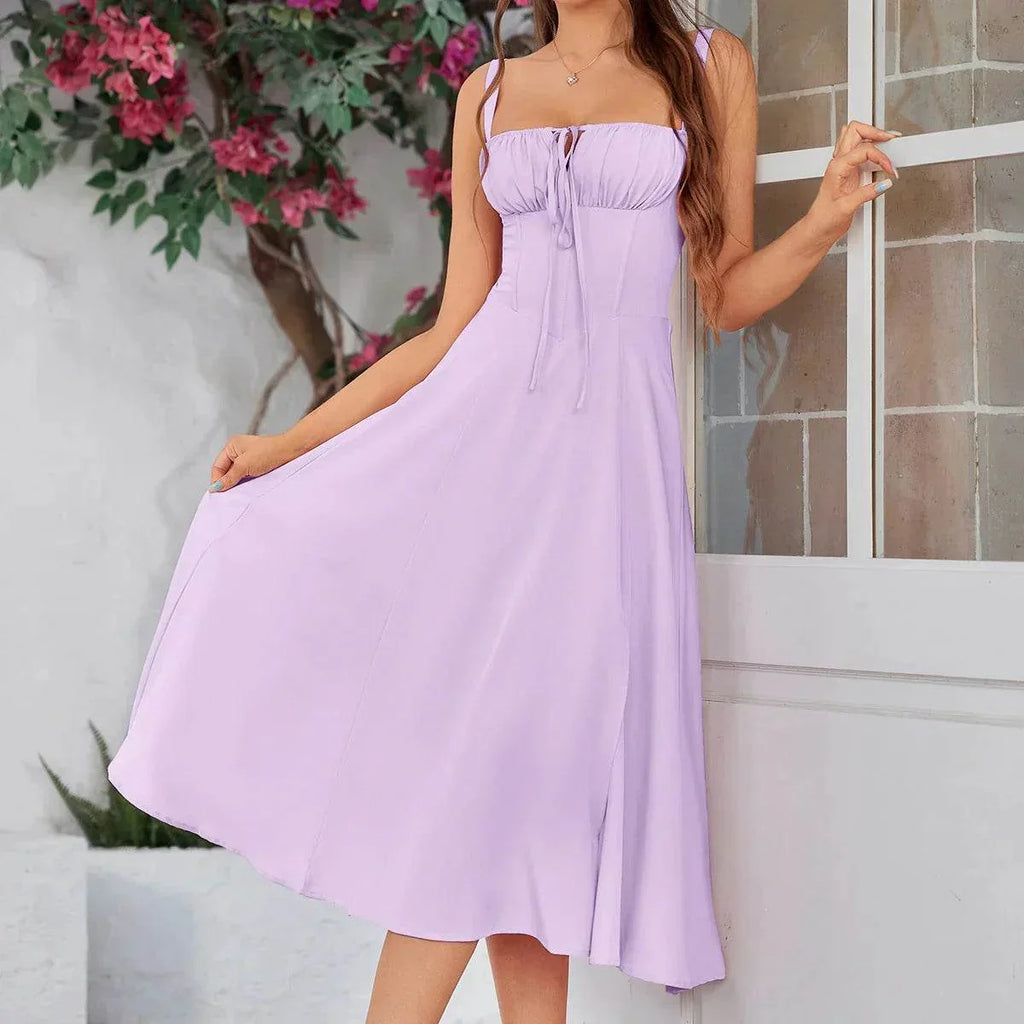 Elegant Lace-Up Mid Dress with Corset & Side Slit - ZA-Zola