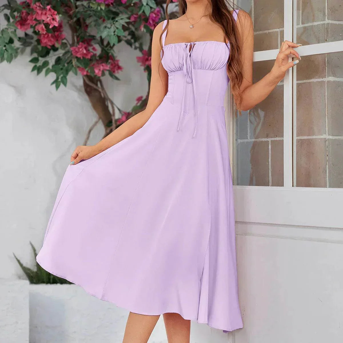 Elegant Lace-Up Mid Dress with Corset & Side Slit - ZA-Zola