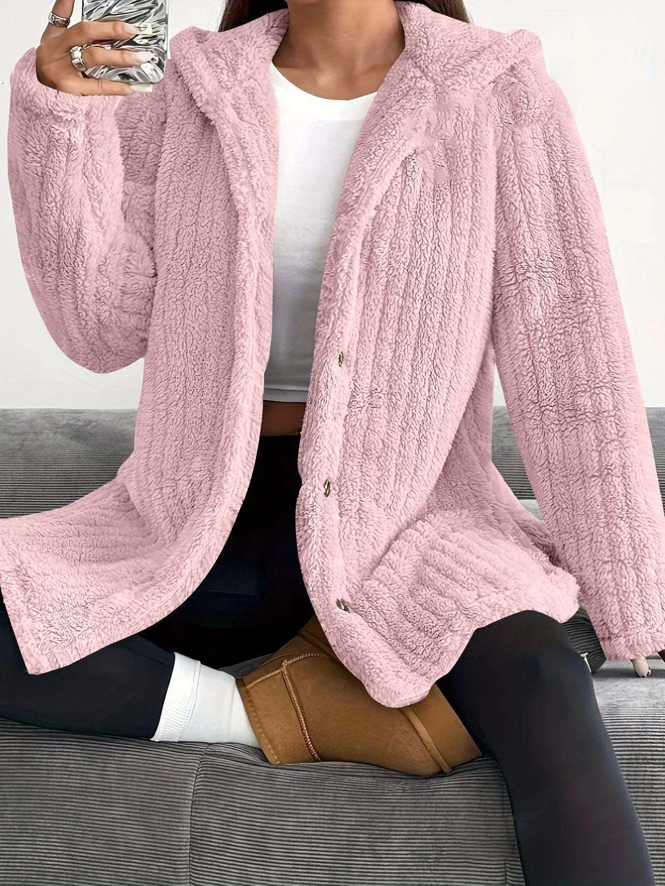 Women’s Hooded Plush Coat – Loose Long Sleeve Jacket - ZA-Zola