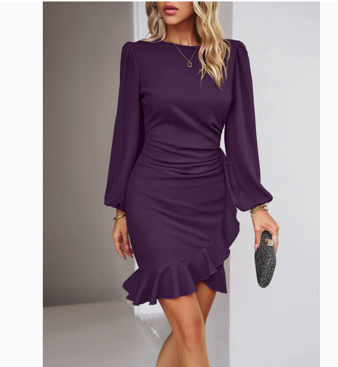 Puff Sleeve Mini Dress – Solid Color Long Sleeve Slim Fit Short Dress for Women